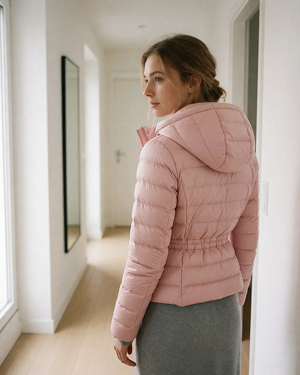 Young woman in her hallway mirror putting on a fitted powder-pink short puffer jacket