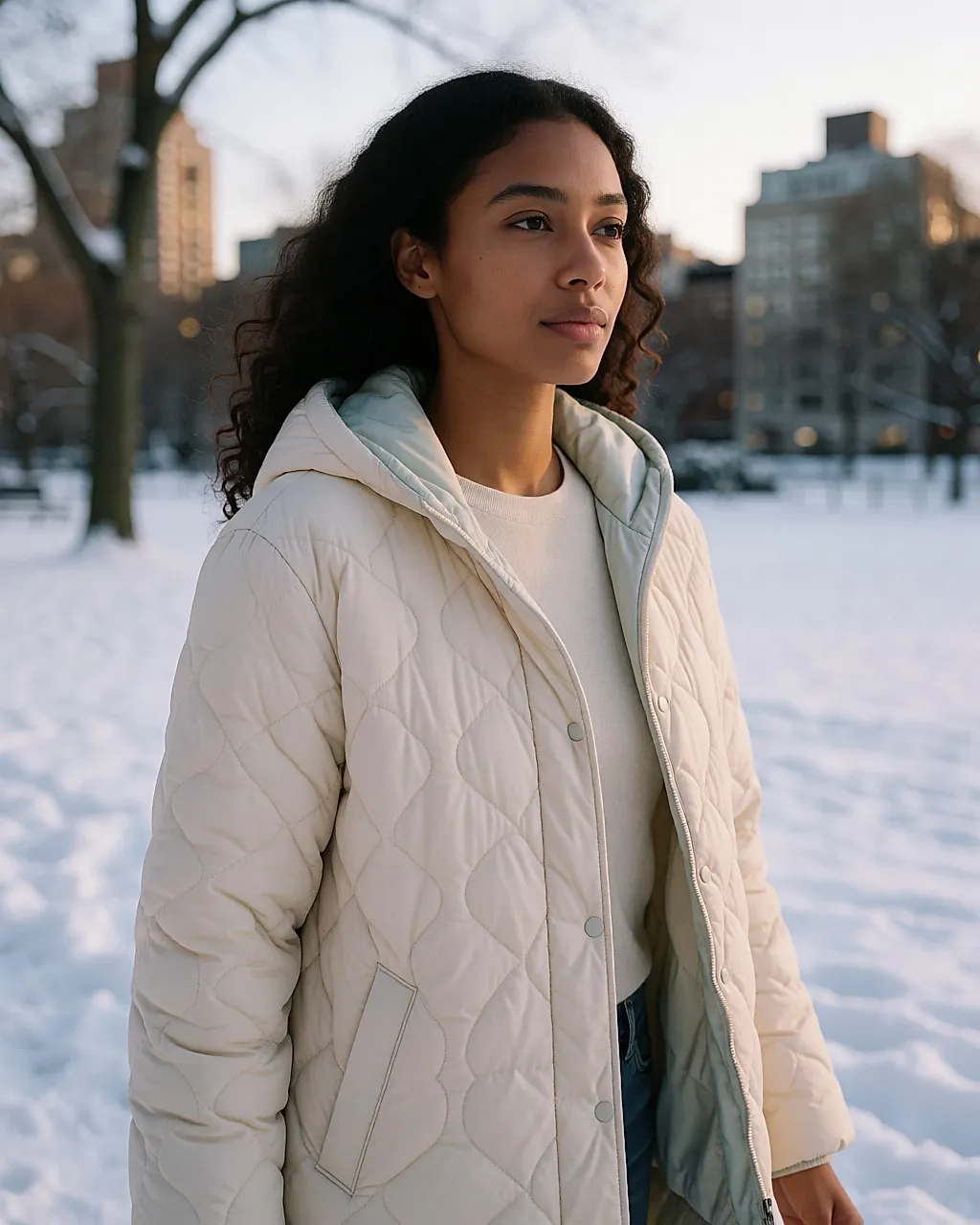 Young woman in a mid-length cream puffer jacket walking through a snowy park