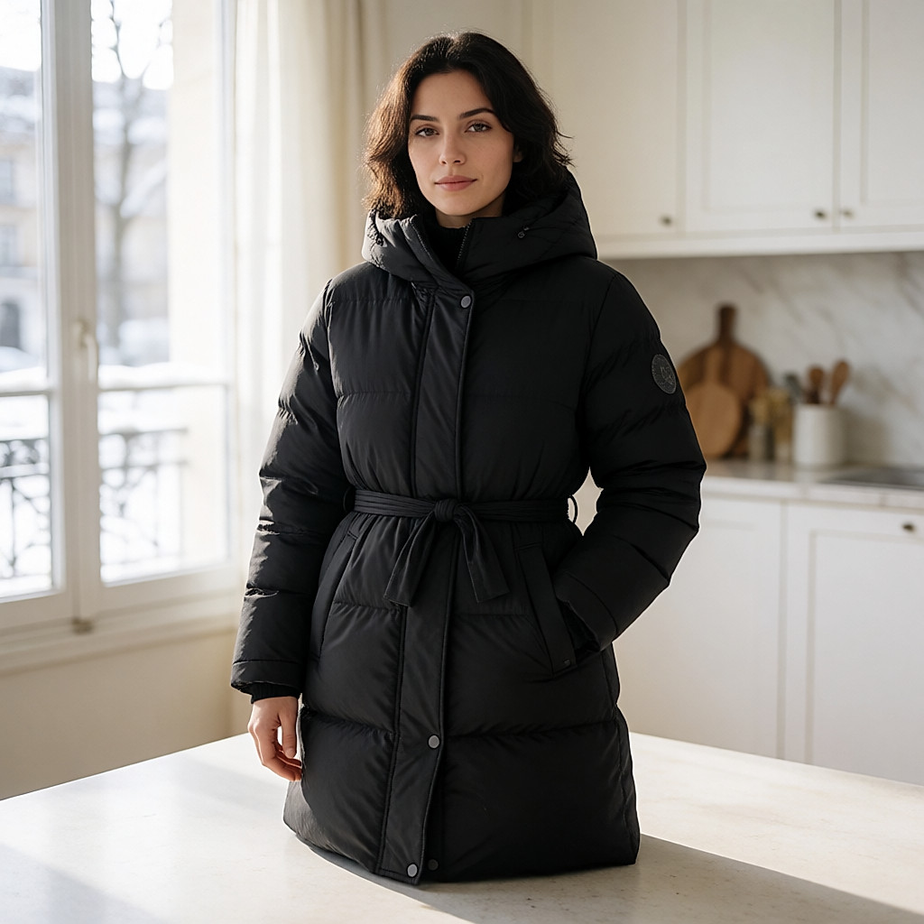 Young woman in a fitted belted black puffer jacket in a city square in winter