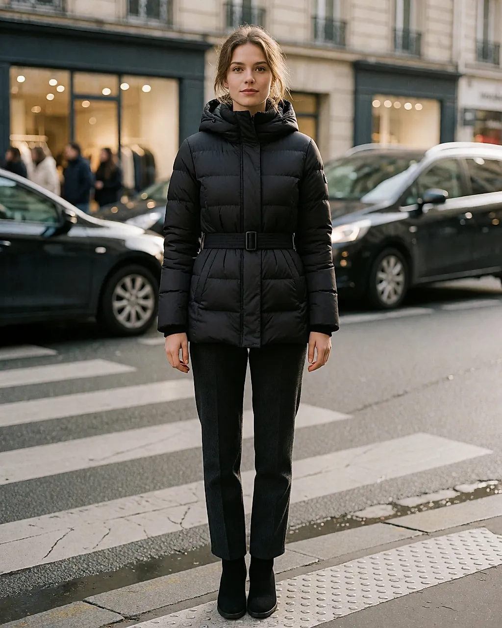 Front-facing woman in a belted black puffer jacket, defined waist, sleek silhouette in the street