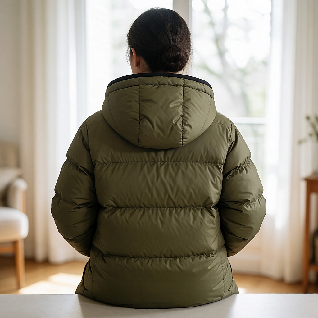 Three-quarter back view of a belted olive puffer jacket, trimmed hood and low bun visible