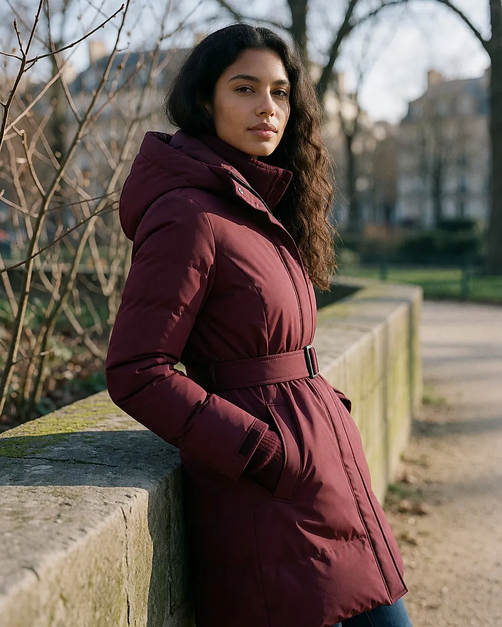 Woman seen in profile in a long belted burgundy puffer jacket, collar turned up, in a winter park