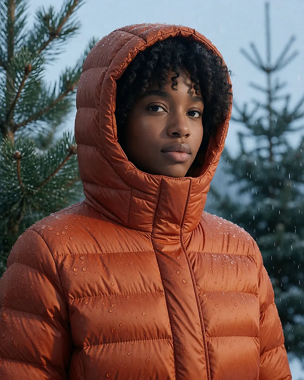 Woman with hood up in the rain, water-repellent rust puffer jacket, drops on the fabric