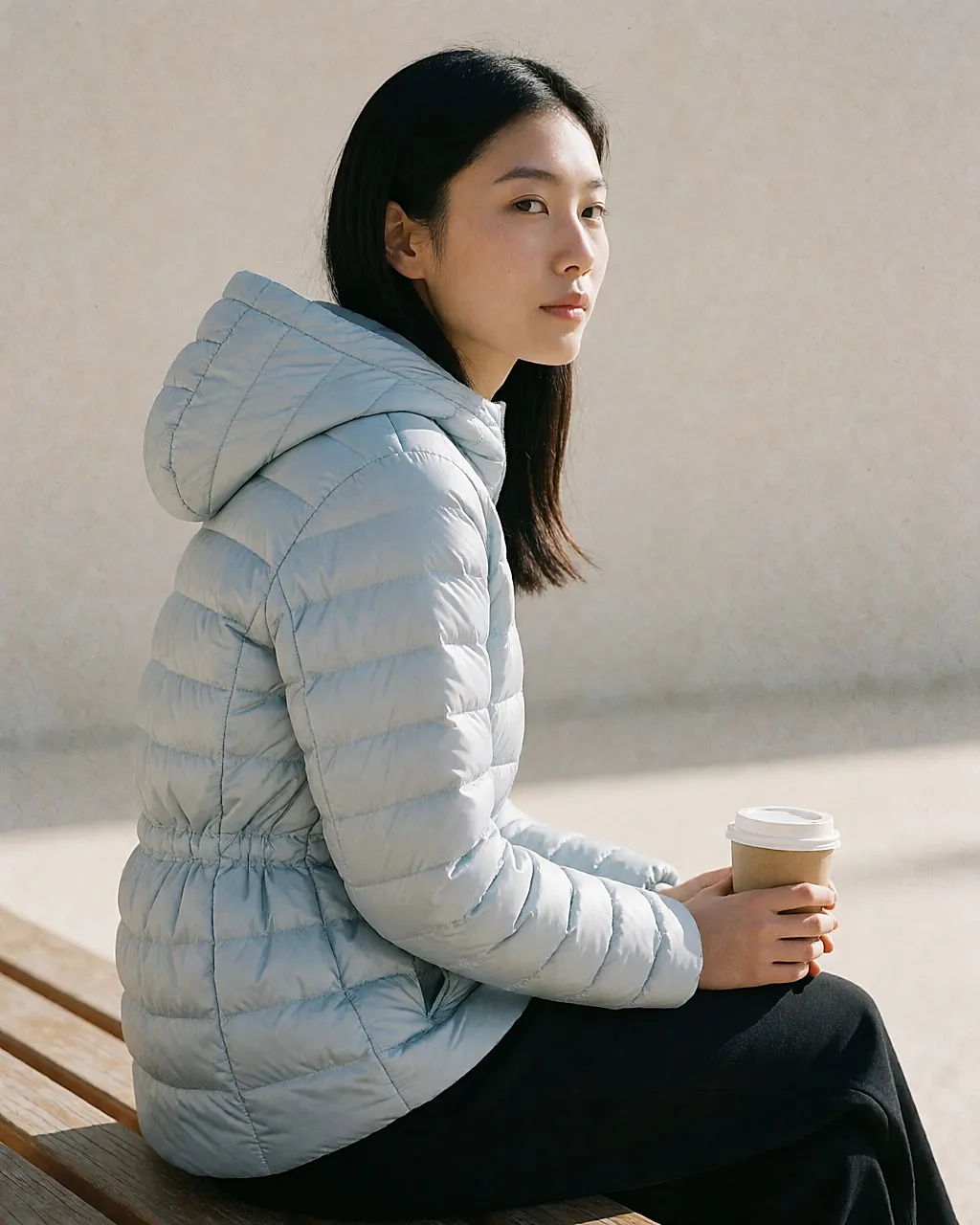 Woman sitting in a fine quilted slate-blue puffer jacket, light and supple materials