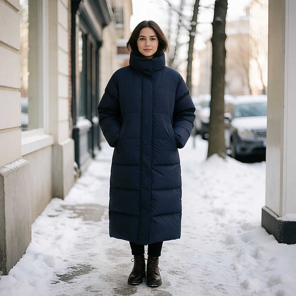 Young woman in a long navy puffer jacket on a snowy pavement, high collar turned up