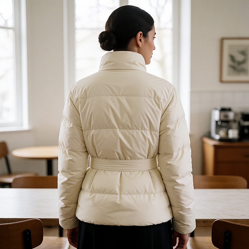 Woman seen three-quarter back in a belted cream puffer jacket and low bun, outside a café