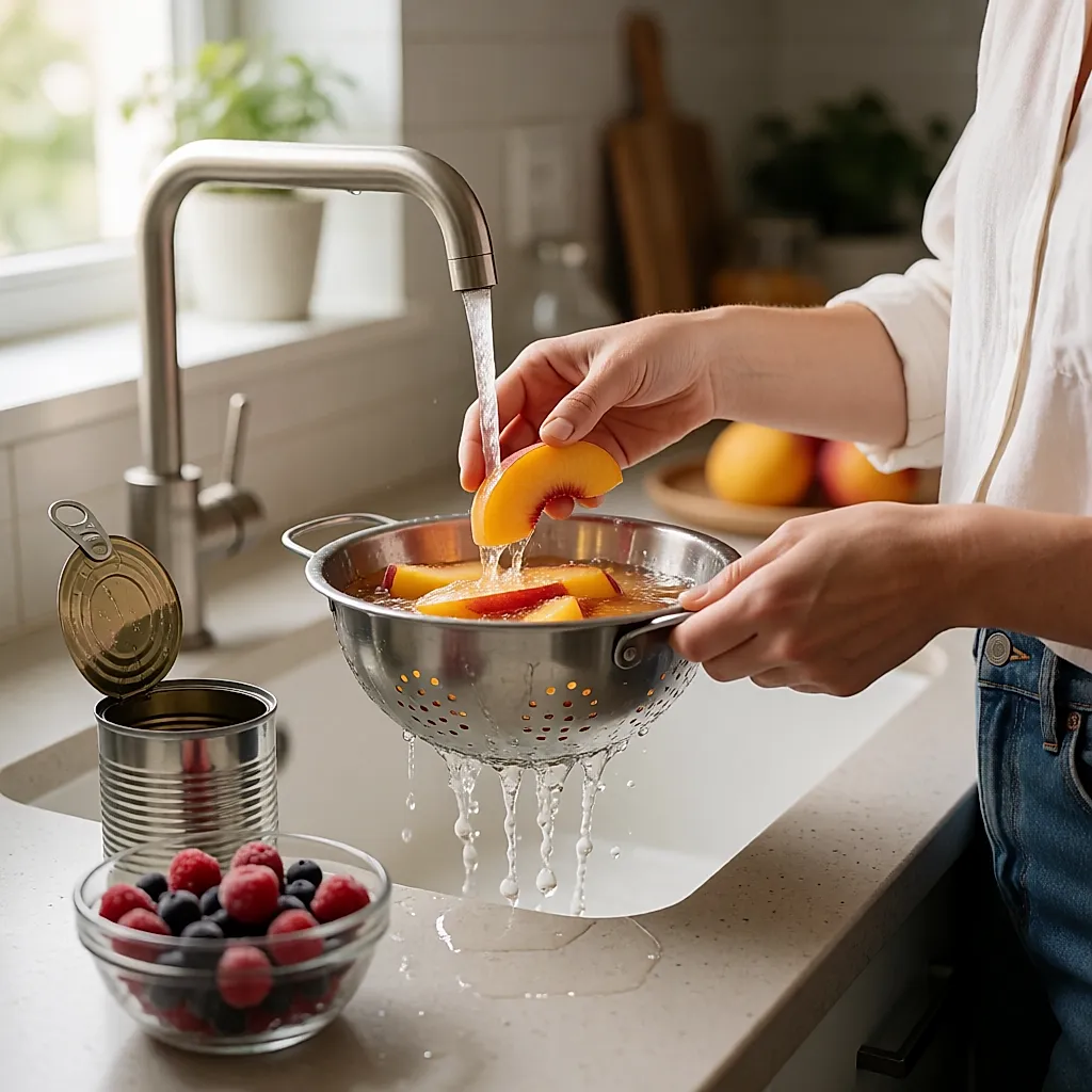 Hands rinsing canned peach slices in a colander