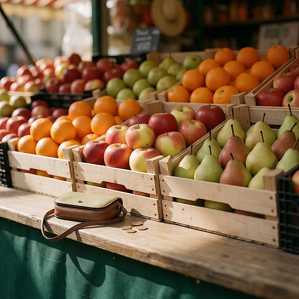 A market stall with crates of fruit and a few coins on the counter