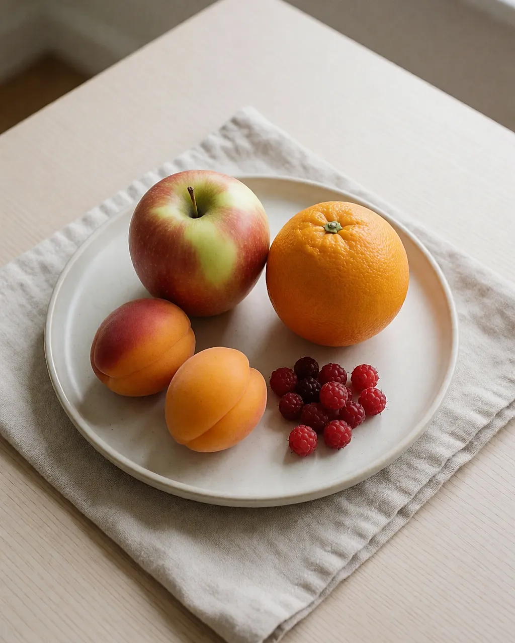 A portion of fruit: an apple, an orange, two apricots and a few berries