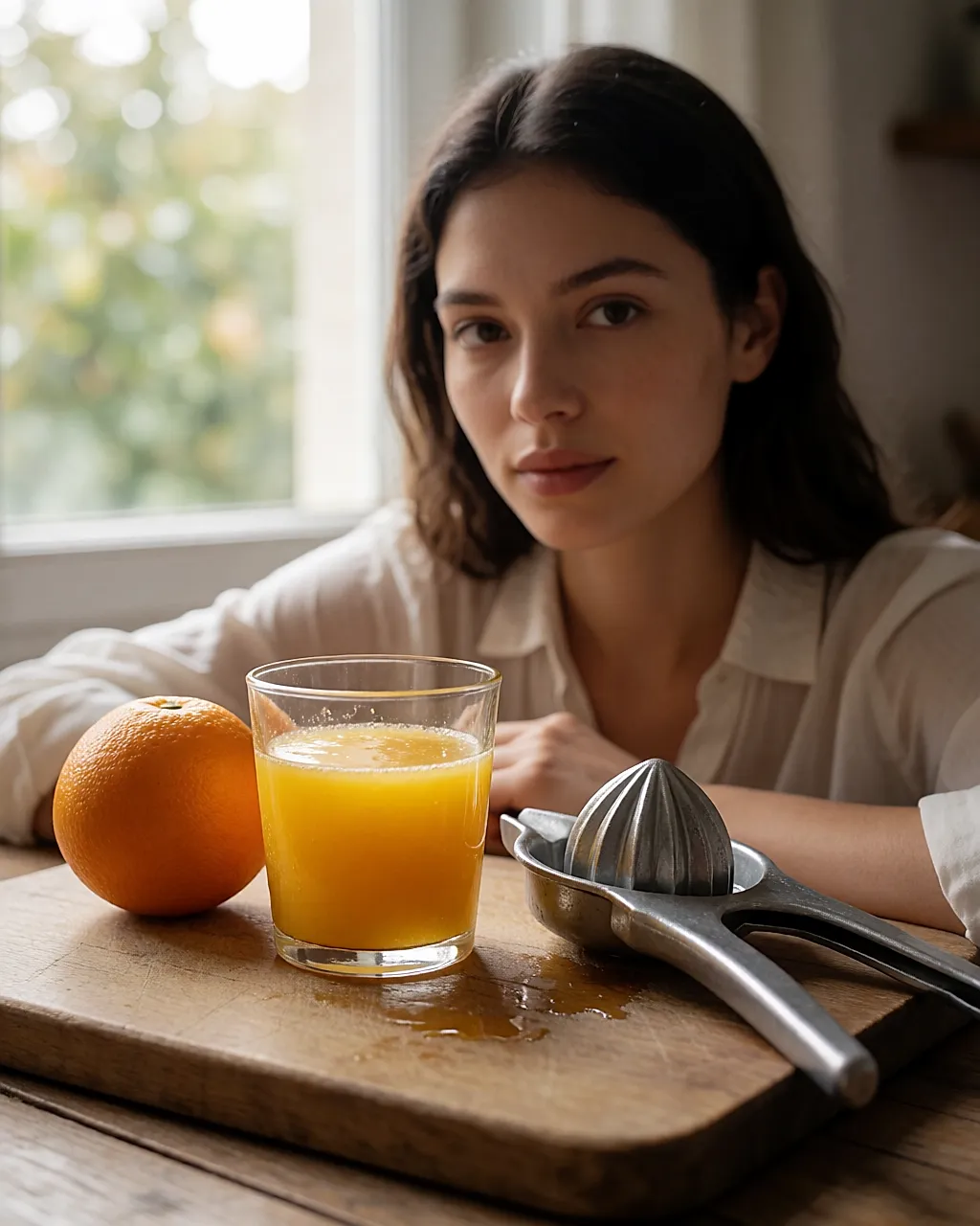 A glass of freshly squeezed orange juice next to a whole orange