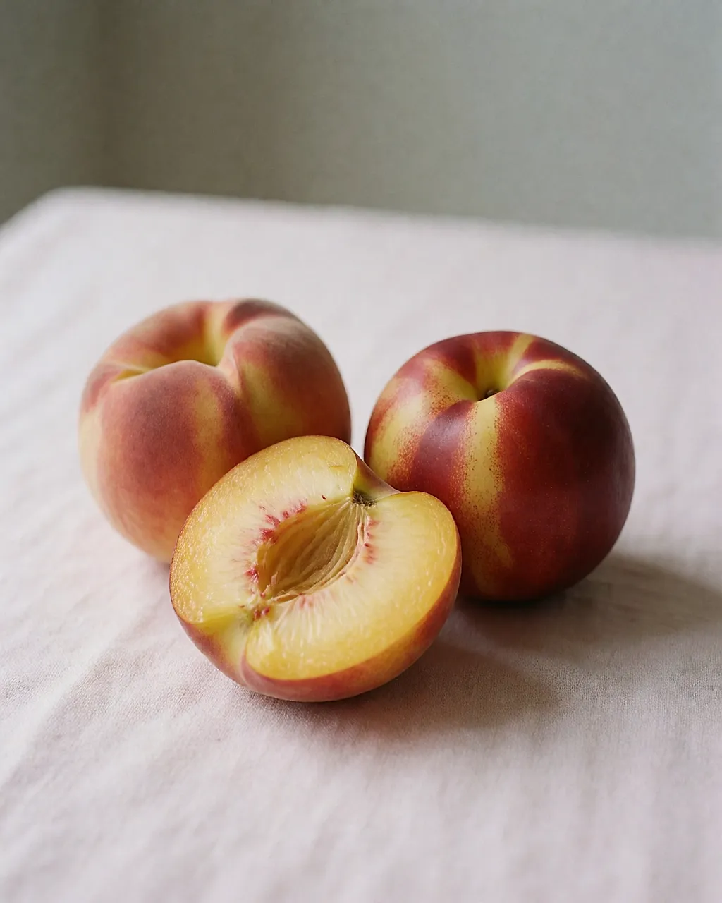A fuzzy peach and a smooth nectarine, one cut in half