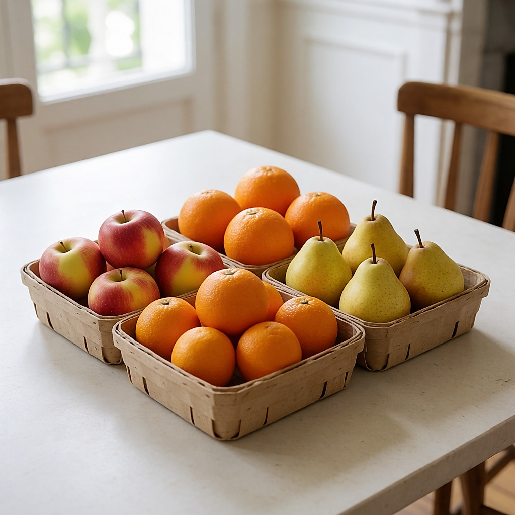 A market stall with crates of apples, oranges and pears