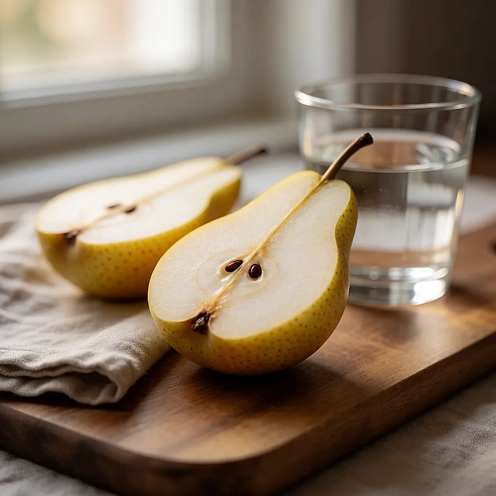 A ripe pear cut in half on a wooden board, flesh and pips visible