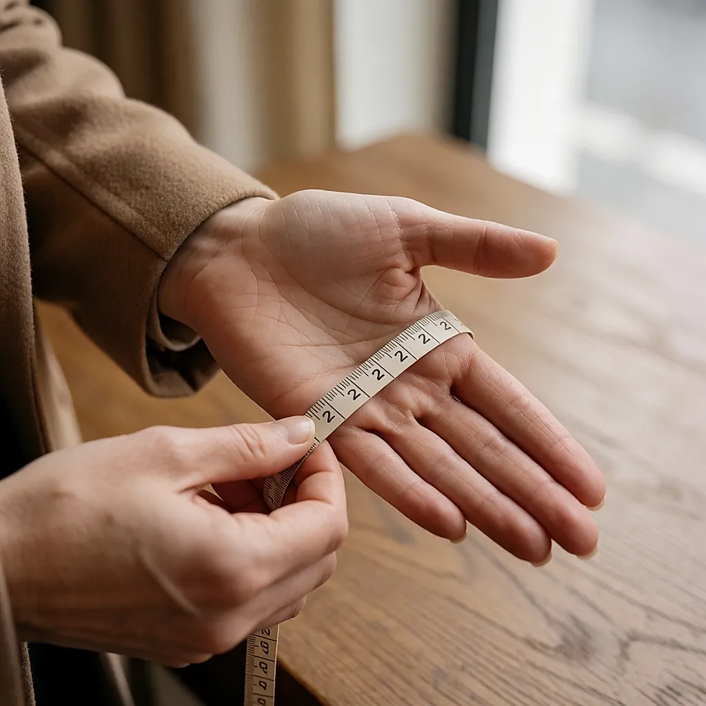 Des mains mesurent le tour de paume avec un mètre ruban souple posé sous les jointures