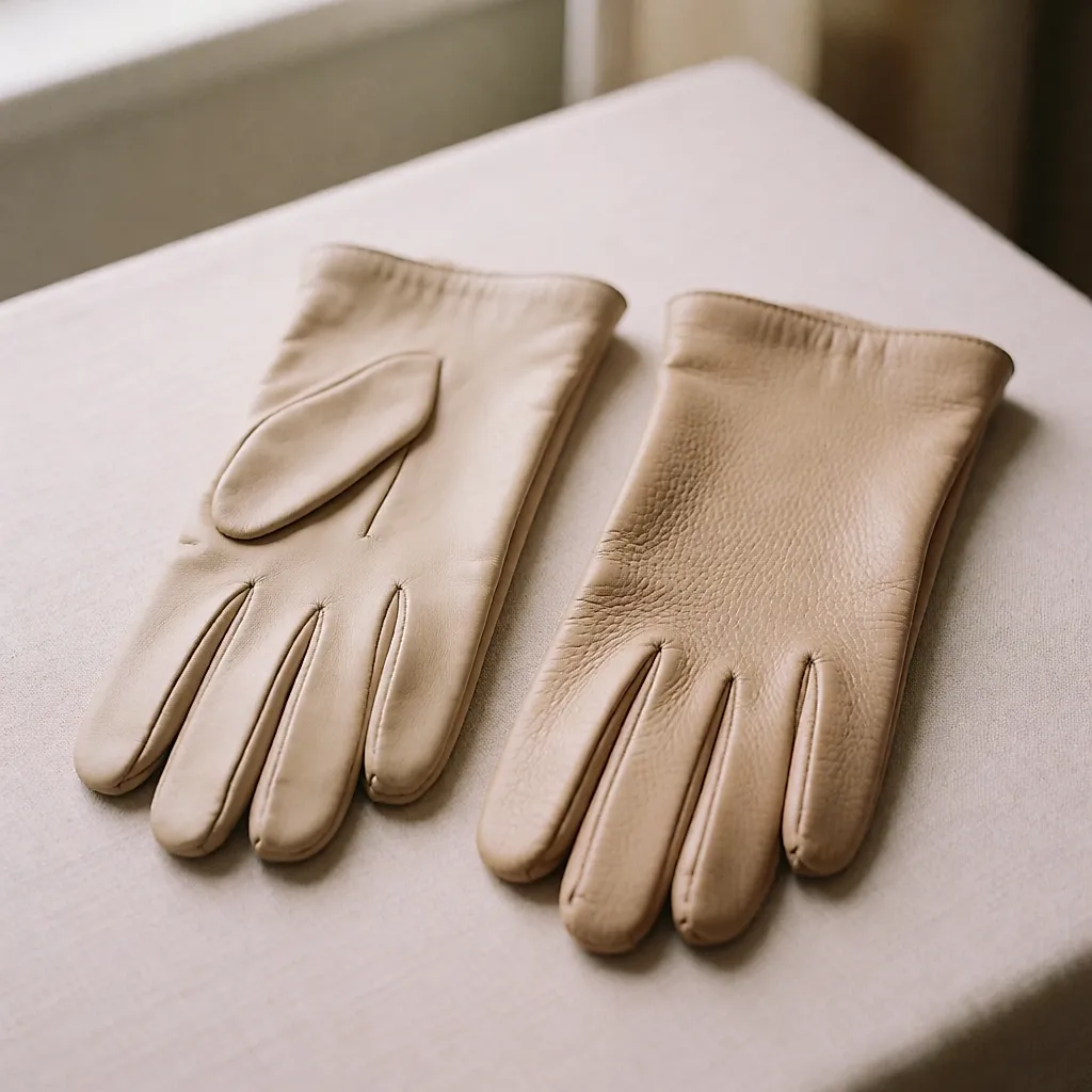 Deux gants de cuir posés côte à côte, l'un lisse beige, l'autre grainé miel
