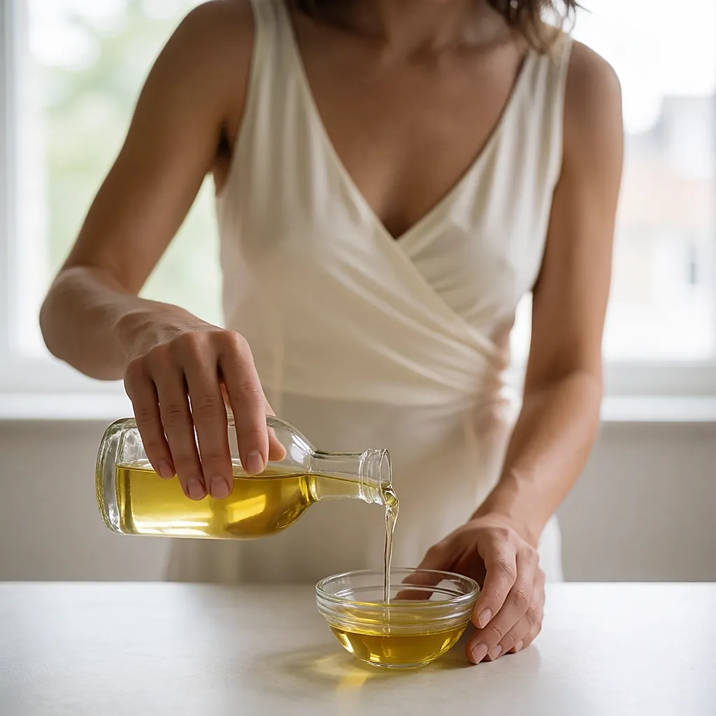 Huile végétale versée d'un flacon en verre dans un petit bol