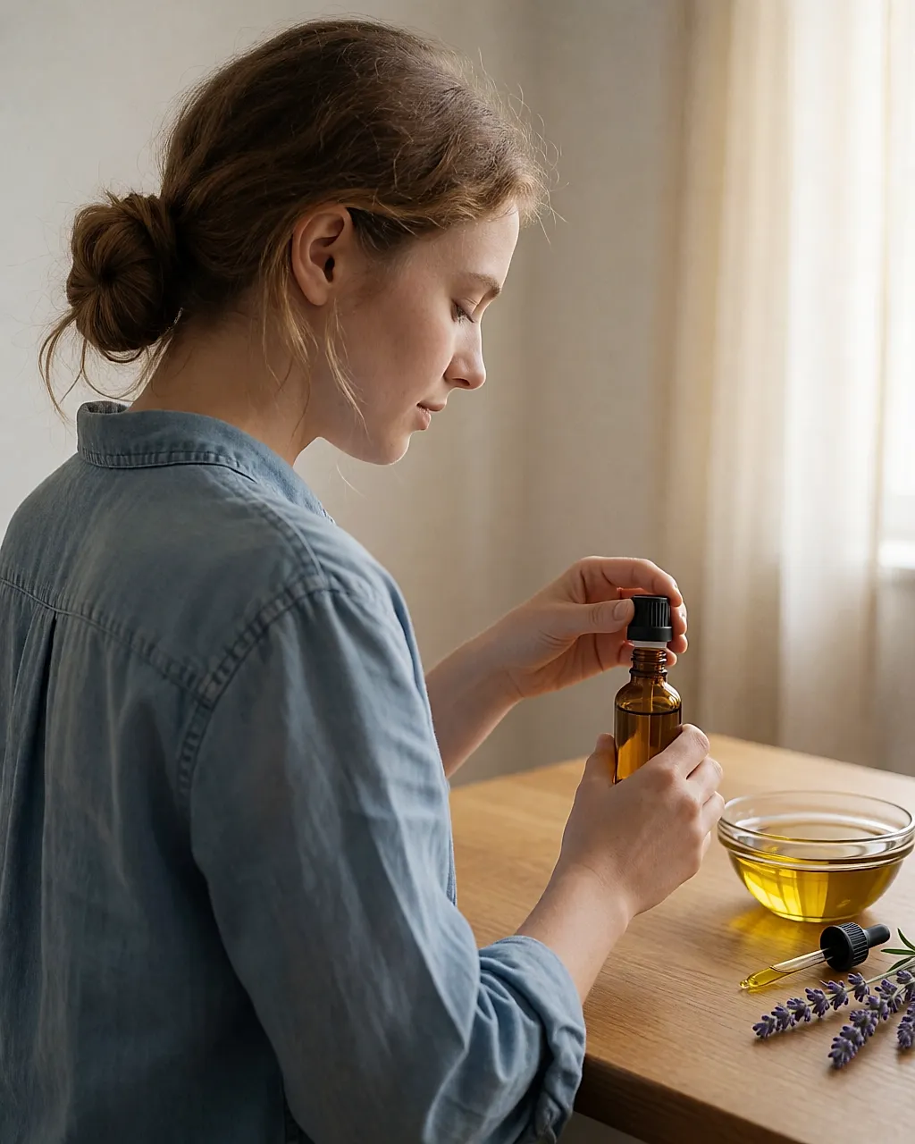 Jeune femme refermant un flacon d'huile beauté faite maison