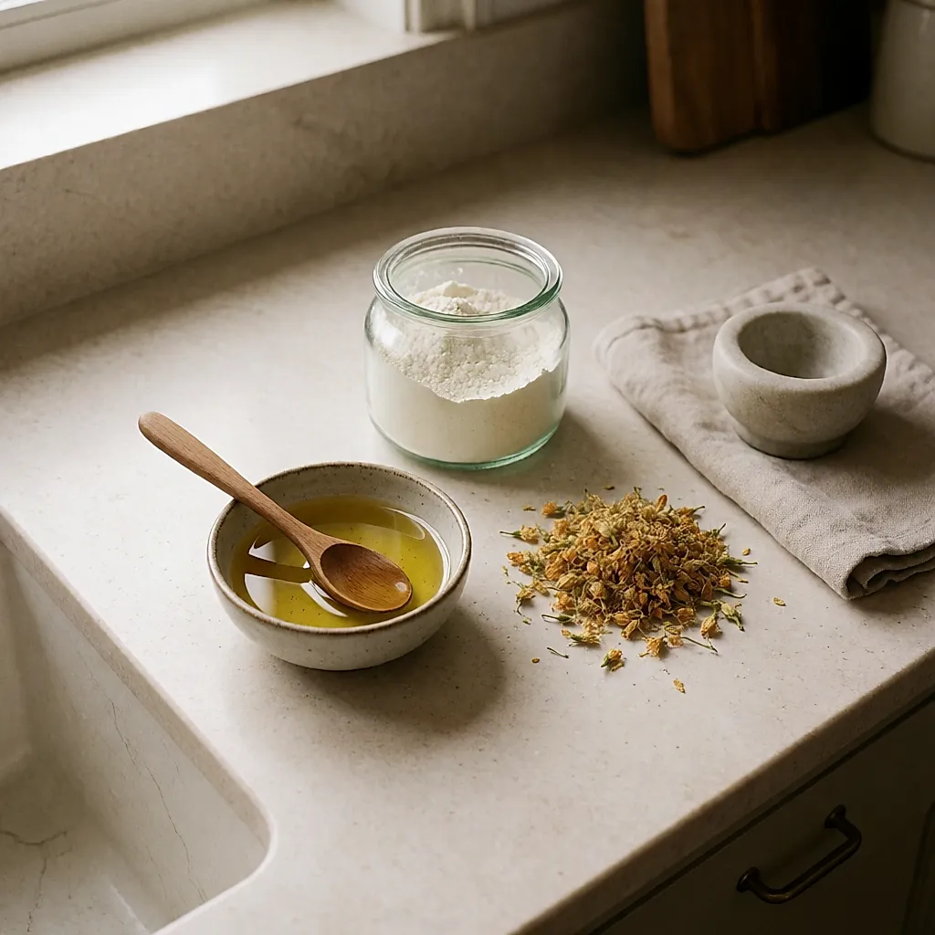 Ingrédients naturels et huiles prêts pour un soin beauté fait maison
