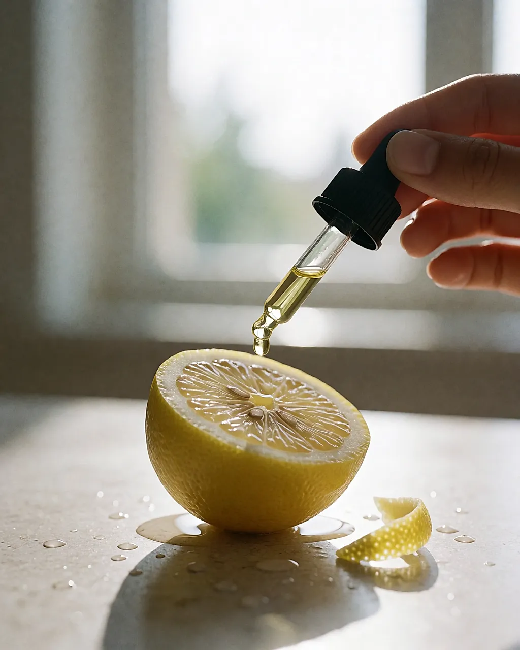 Goutte d'huile essentielle de citron tombant sur un citron coupé