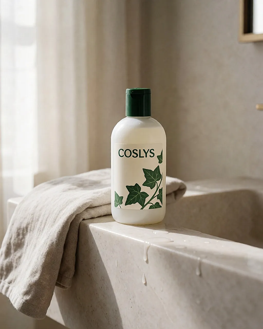 Frasco de champú anticaspa bio Coslys en el borde de un lavabo