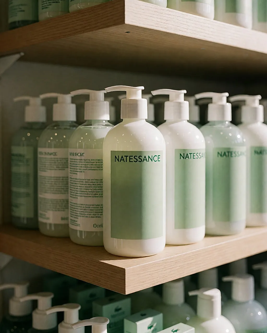 Frasco de champú bio Natessance presentado en una estantería de tienda bio