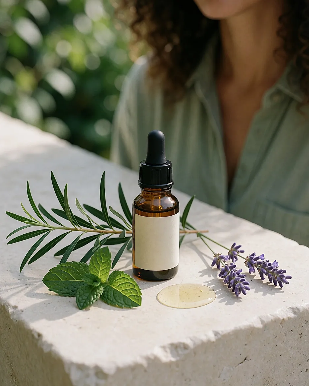 Un frasco de vidrio ámbar, árbol de té, menta y lavanda sobre una piedra clara