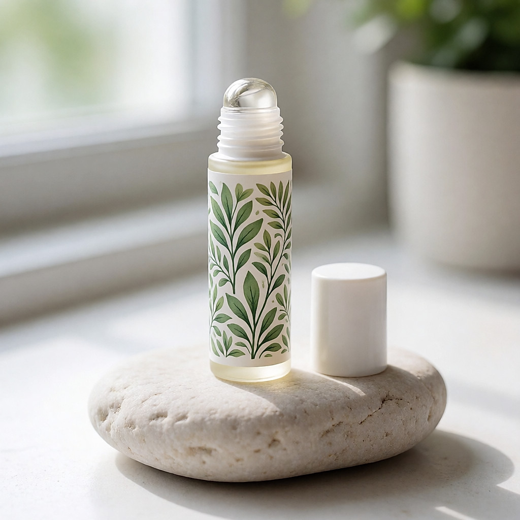 Un roll-on verde y blanco de aspecto botánico sobre una piedra clara, sin el tapón