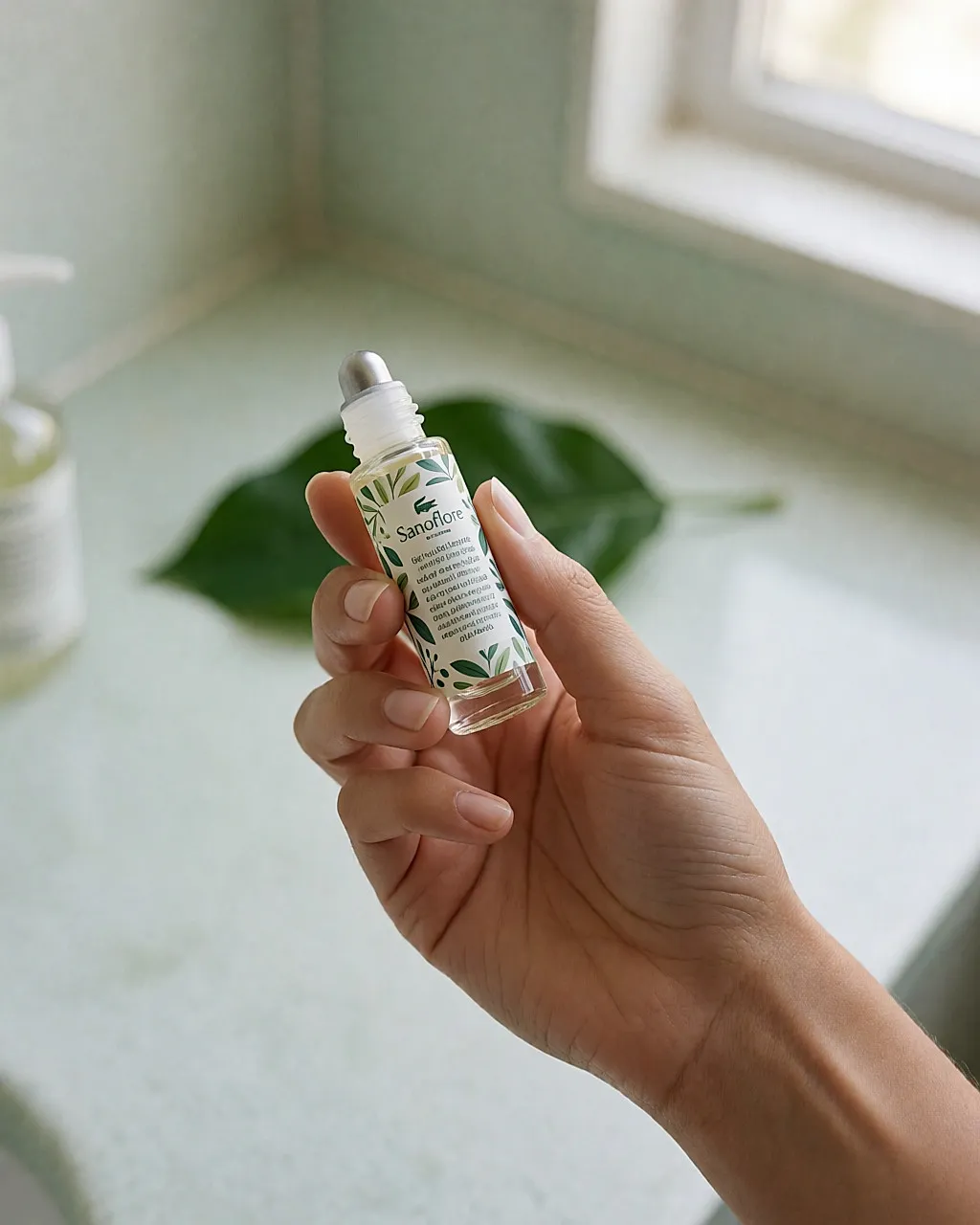 Un roll-on de vidrio con etiqueta verde sostenido en una mano, con la bola aplicadora a la vista