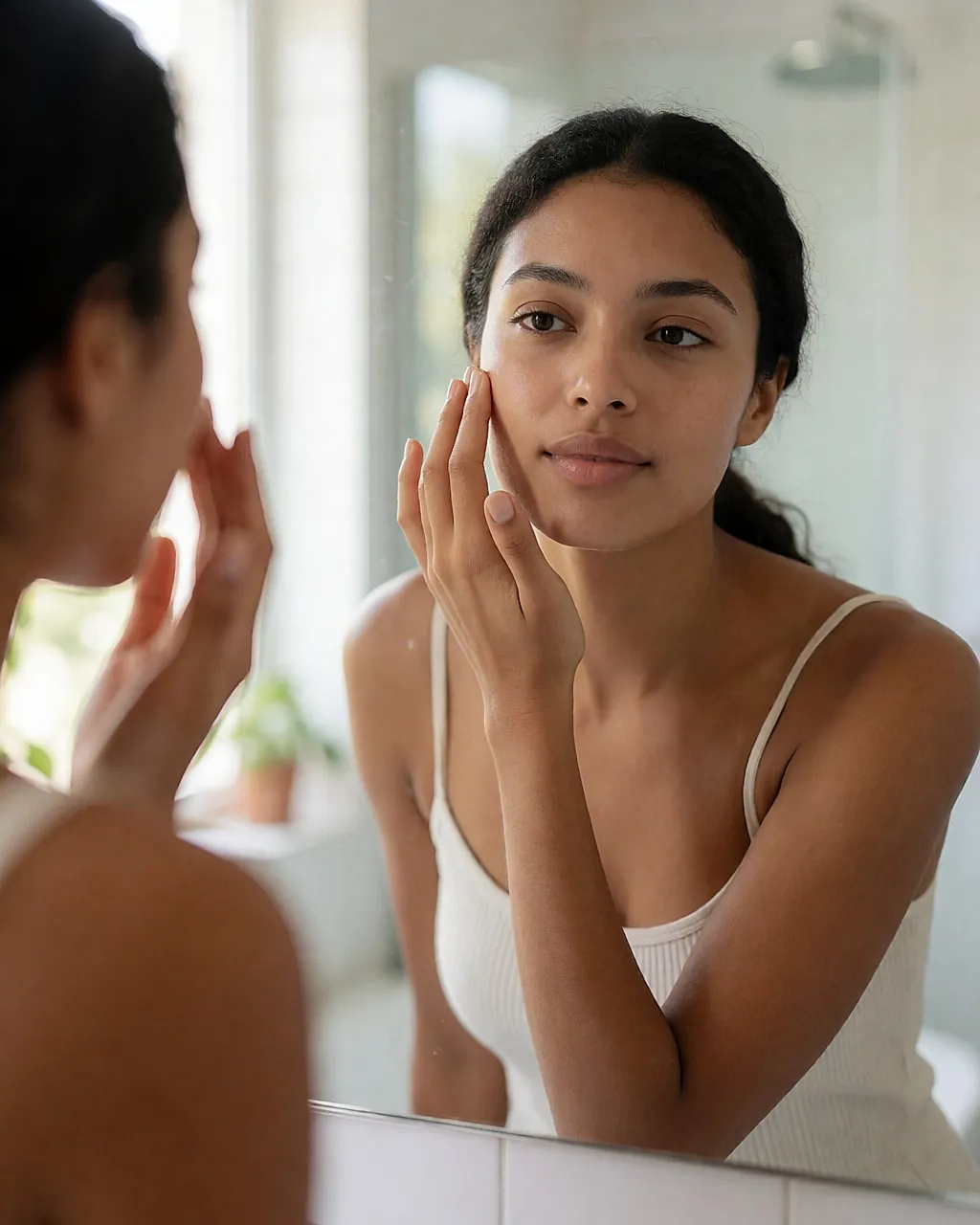 Mujer joven aplicándose un exfoliante facial de grano fino en la mejilla frente al espejo