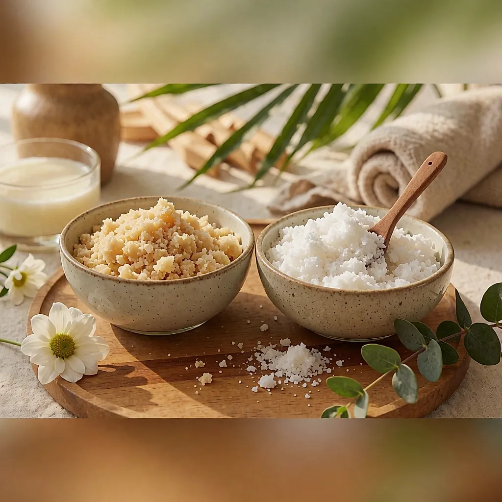 Frasco de vidro aberto com esfoliante corporal de açúcar e óleo, com uma colher de pau dentro