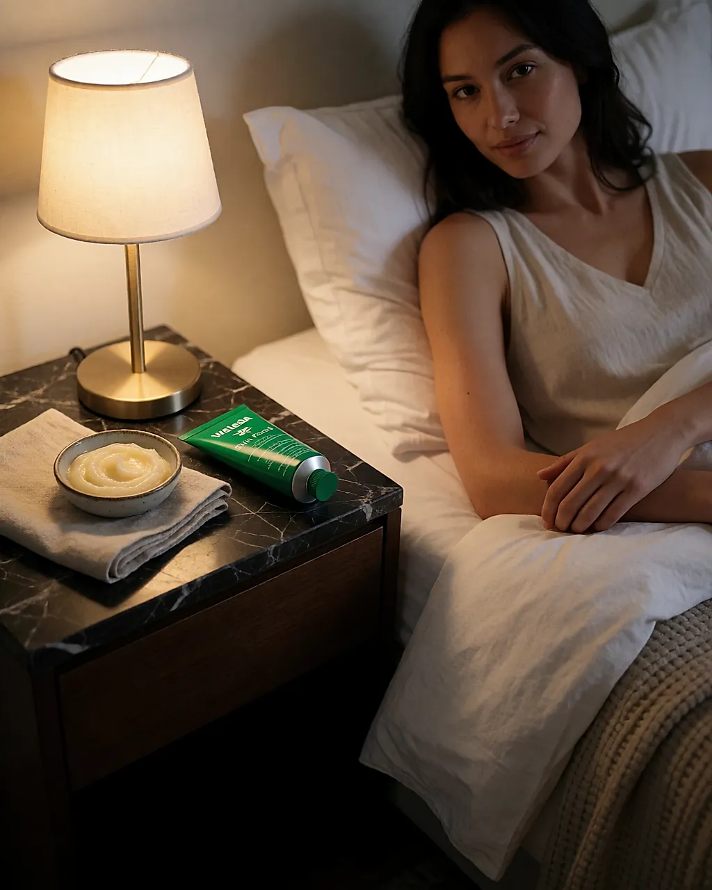 Le baume Skin Food de Weleda posé sur une table de nuit au soir