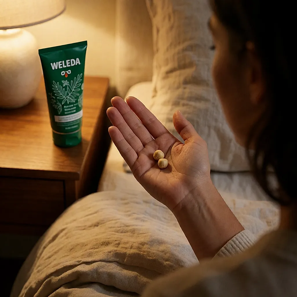 Une noisette de baume chauffée dans une paume, le tube vert Skin Food posé sur la table de nuit