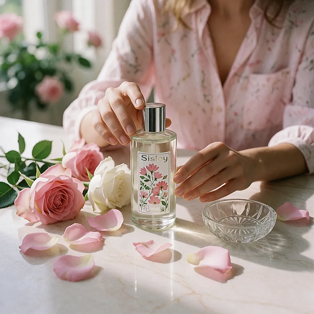 Le flacon de Lotion Tonique aux Fleurs de Sisley posé parmi des pétales de rose
