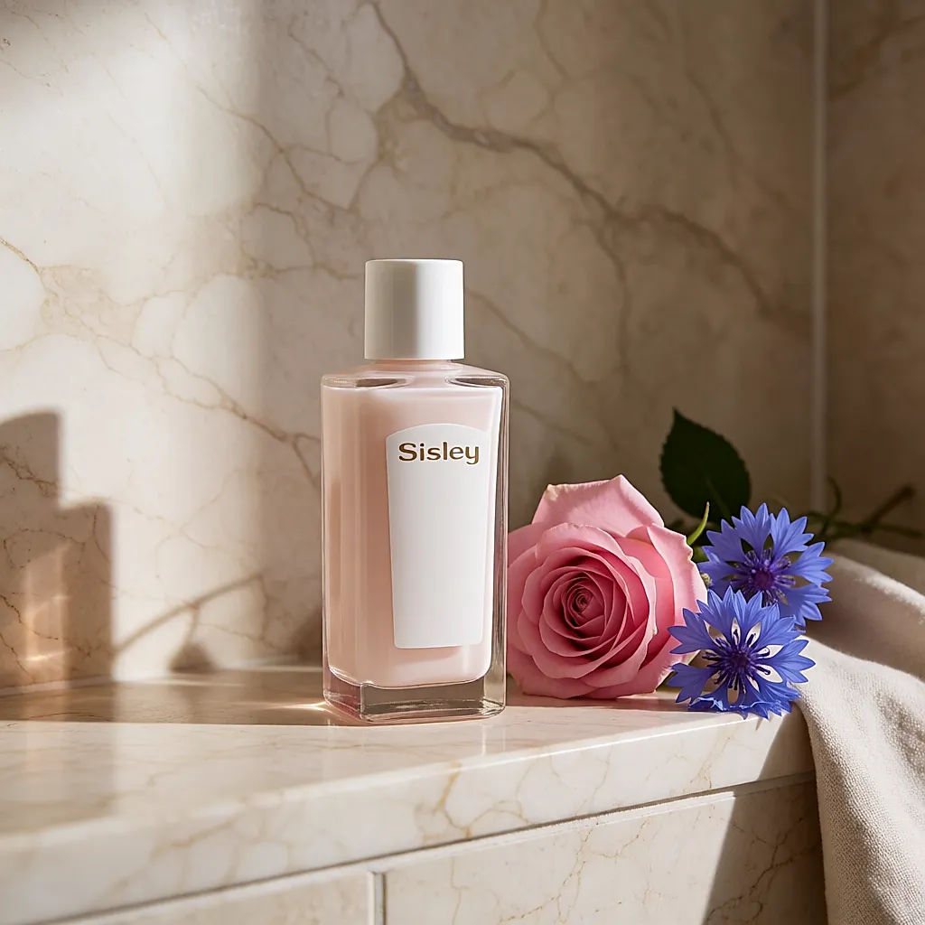 Le flacon de Lotion Tonique aux Fleurs de Sisley entouré d'une rose et de bleuets