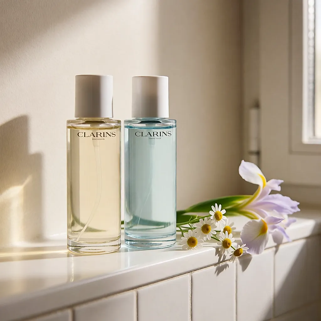 Les lotions toniques sans alcool Clarins camomille et iris, posées côte à côte