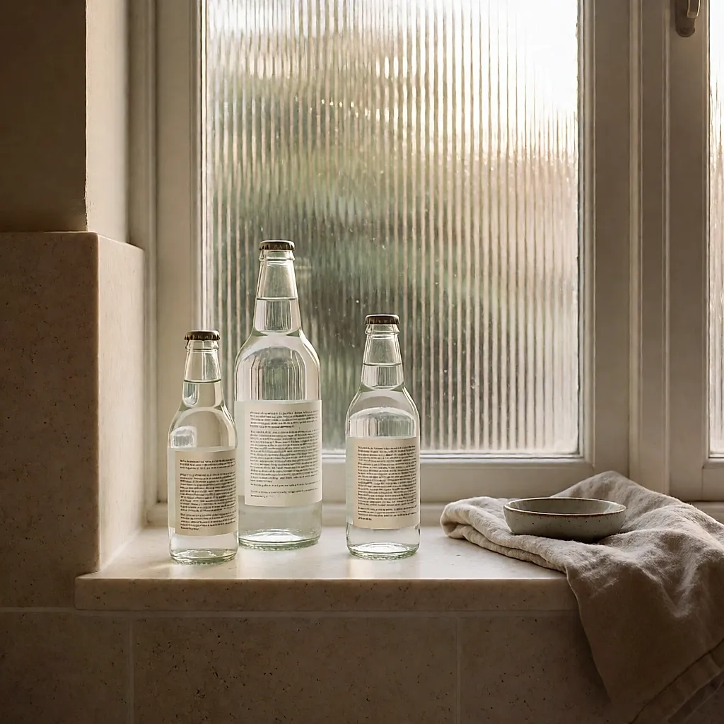 Trois flacons de lotion tonique alignés sur une étagère de salle de bain