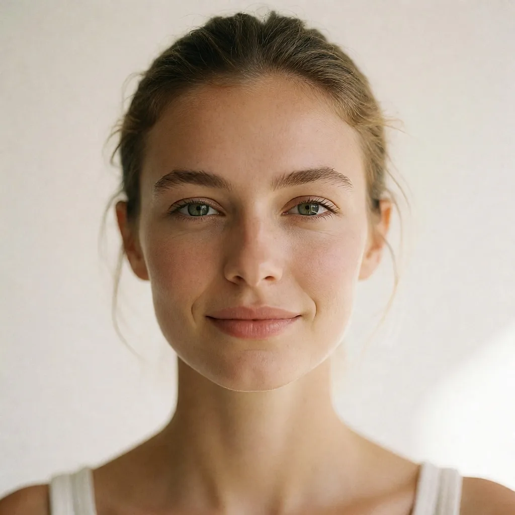 Portrait d'une jeune femme au visage nu, peau nette et lumineuse, sans maquillage