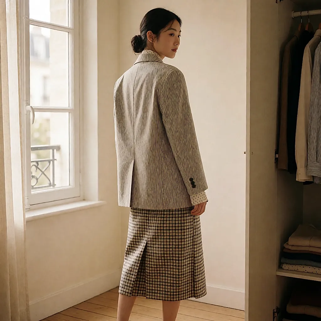 Blazer à rayures oversize, blouse à pois et jupe à carreaux portés en contraste
