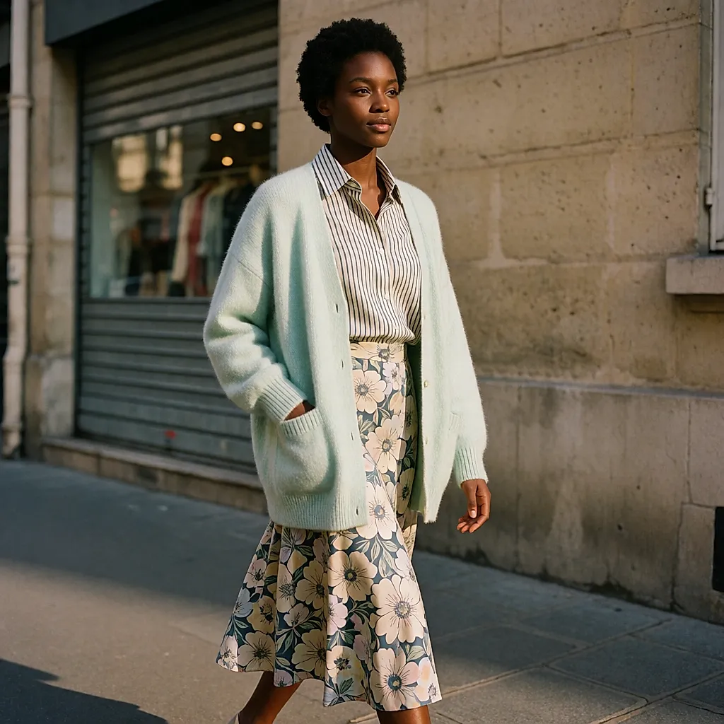 Cardigan pastel, chemise à rayures fines et jupe à grandes fleurs portés ensemble