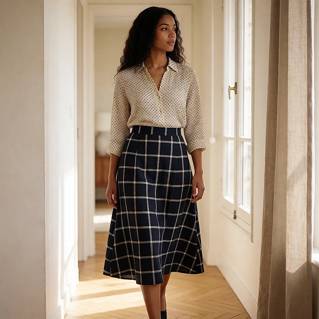 Silhouette complète : blouse à pois et jupe à grands carreaux sur deux tons