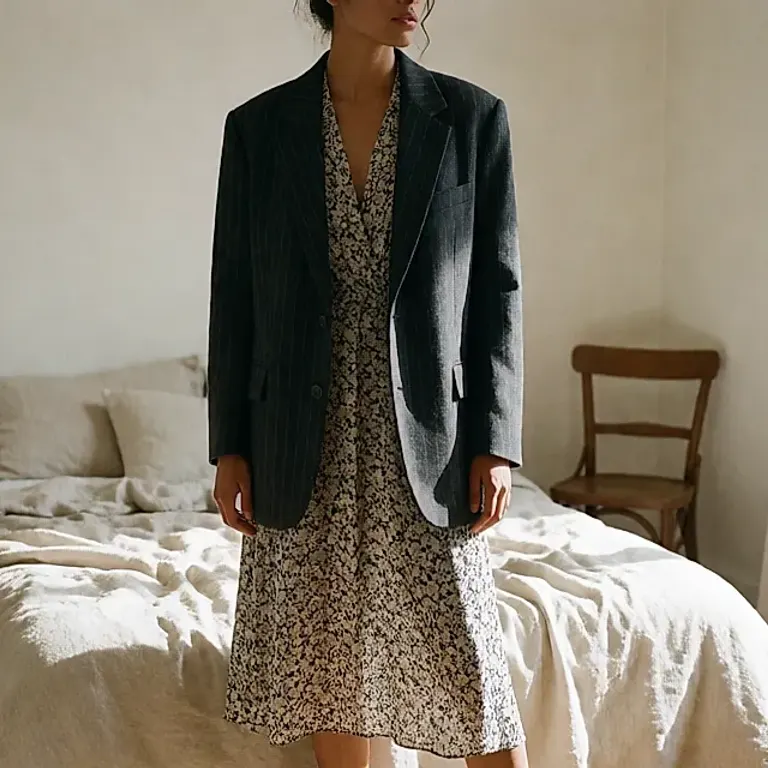 Mélange d'imprimés : fleurs, rayures et pois associés sans total look assorti