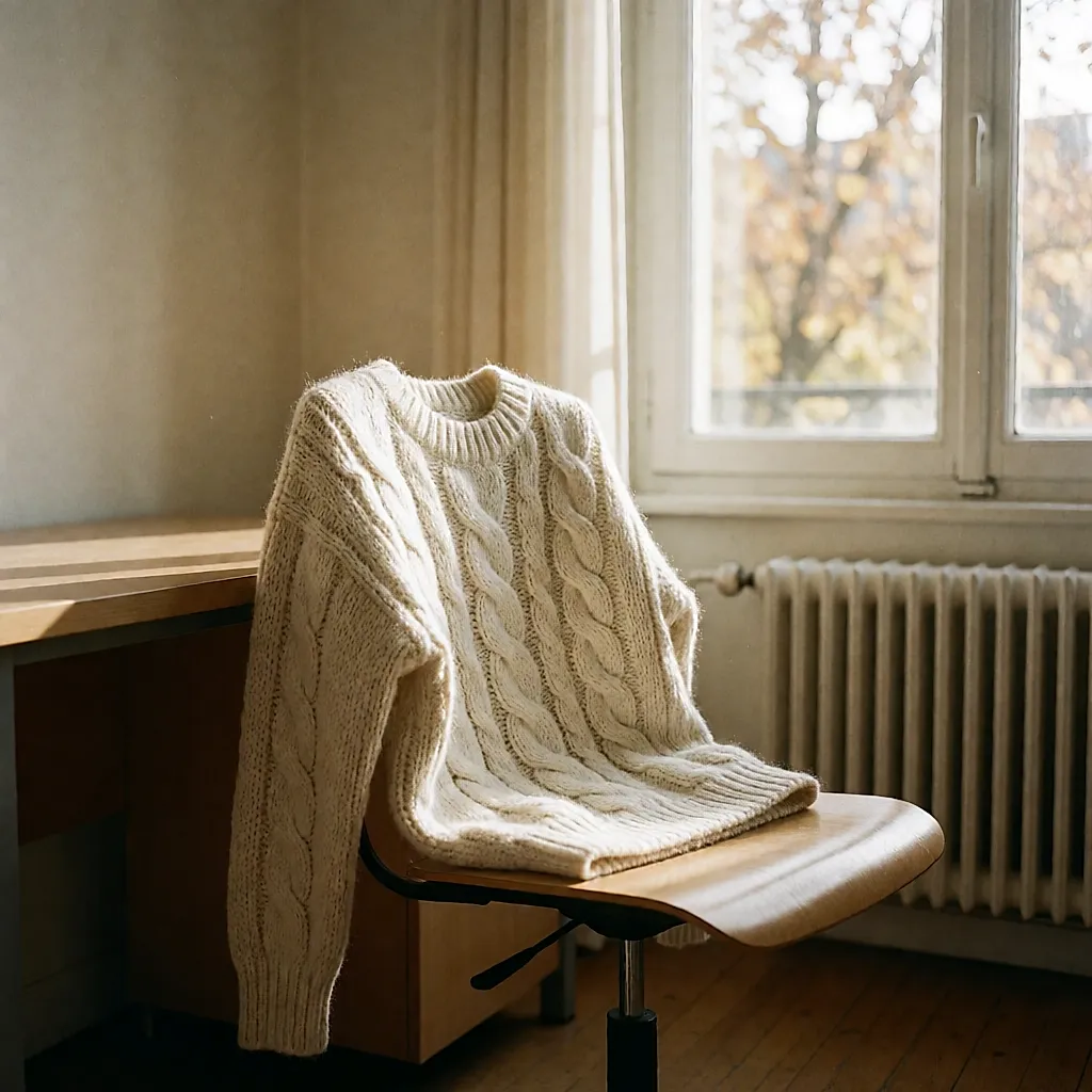 Gros pull torsadé posé sur le dossier d'une chaise de bureau, intérieur surchauffé