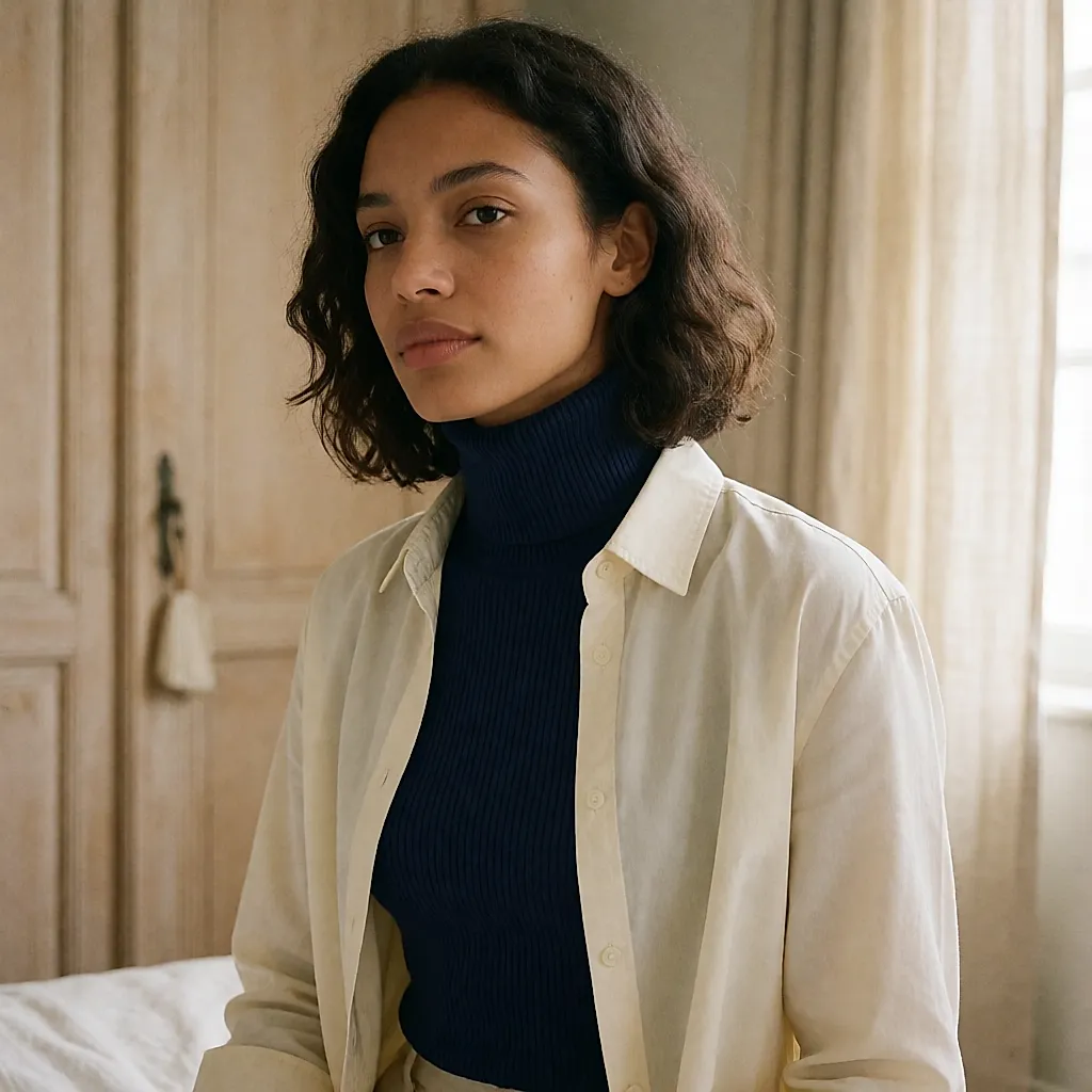 Maille fine col roulé portée près du corps sous une chemise ouverte, dans une chambre
