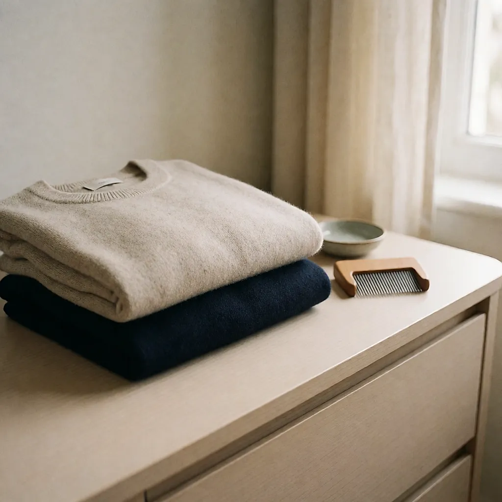 Mailles fines pliées sur une commode, peigne anti-bouloches posé à côté