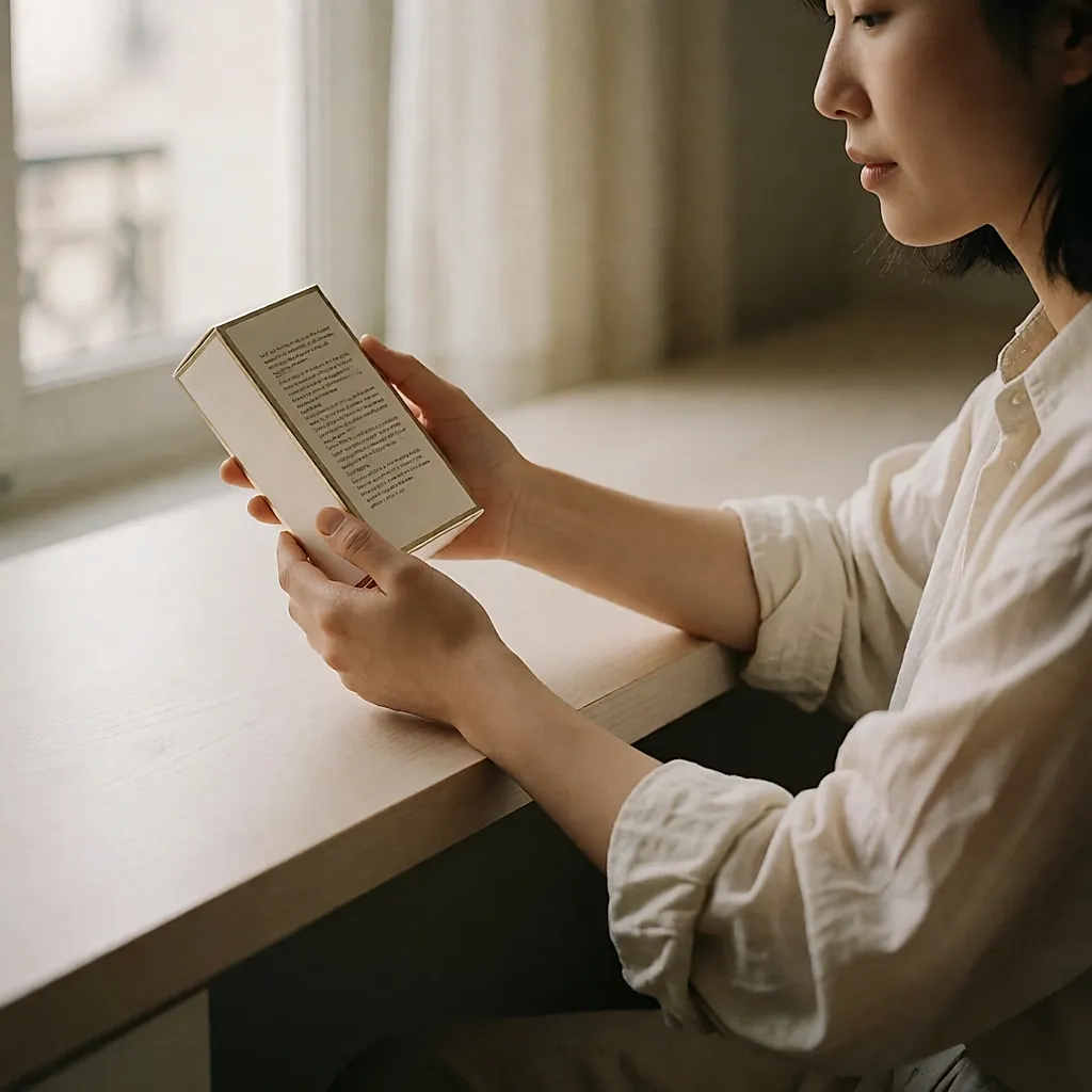 Une femme lit la liste d'ingrédients imprimée au dos de la boîte d'un parfum