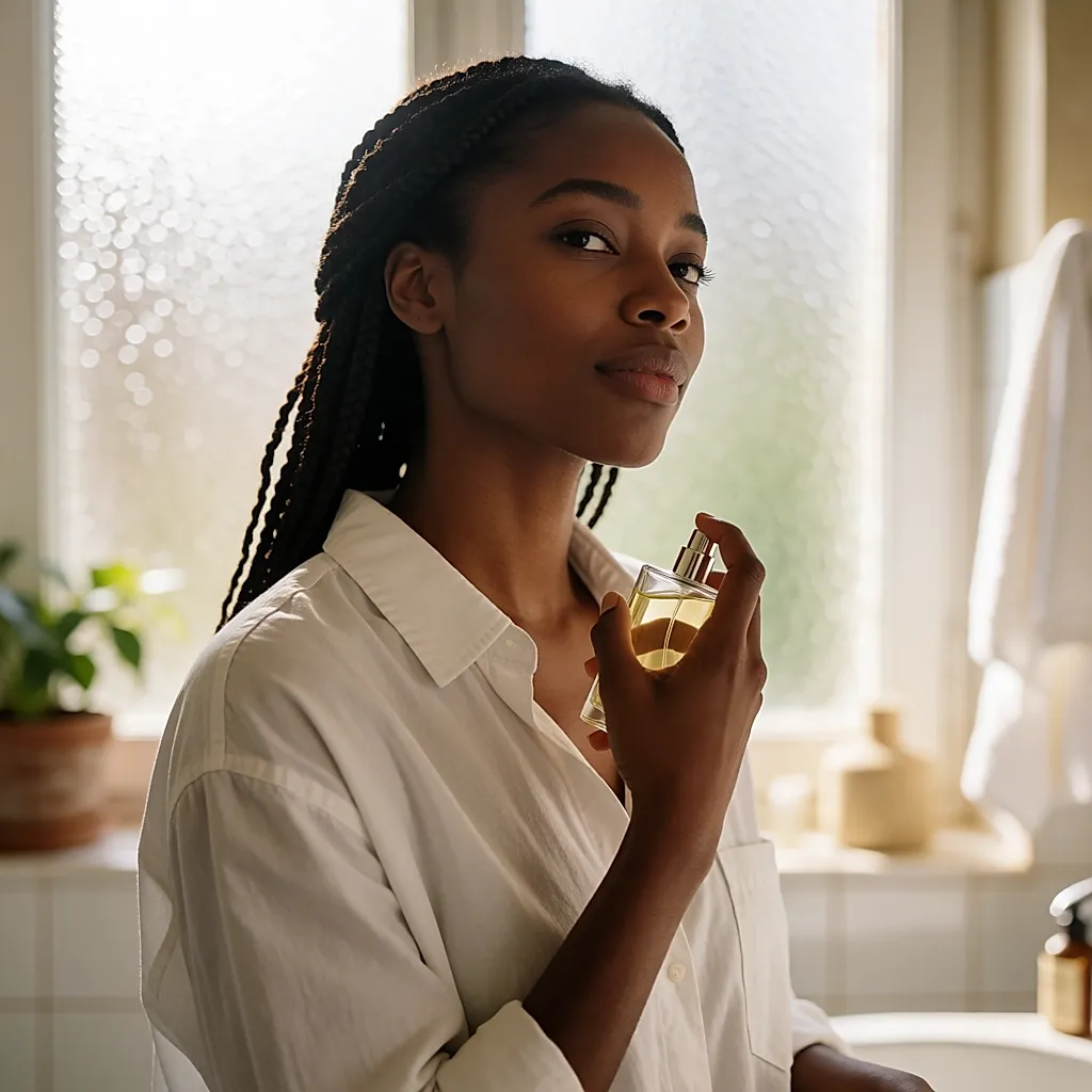 Une femme vaporise de l'eau de toilette sur son cou dans une salle de bain