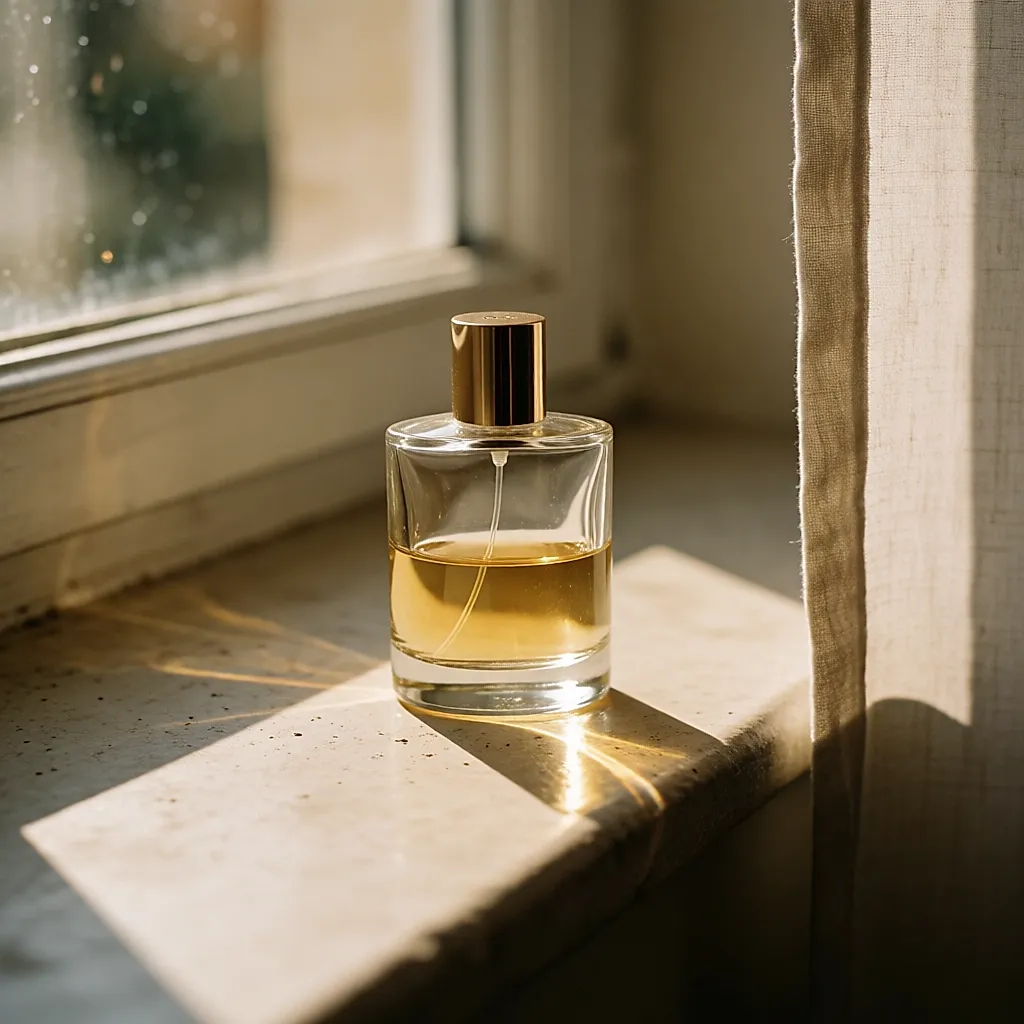 Un flacon de parfum à moitié plein posé sur un rebord de fenêtre ensoleillé