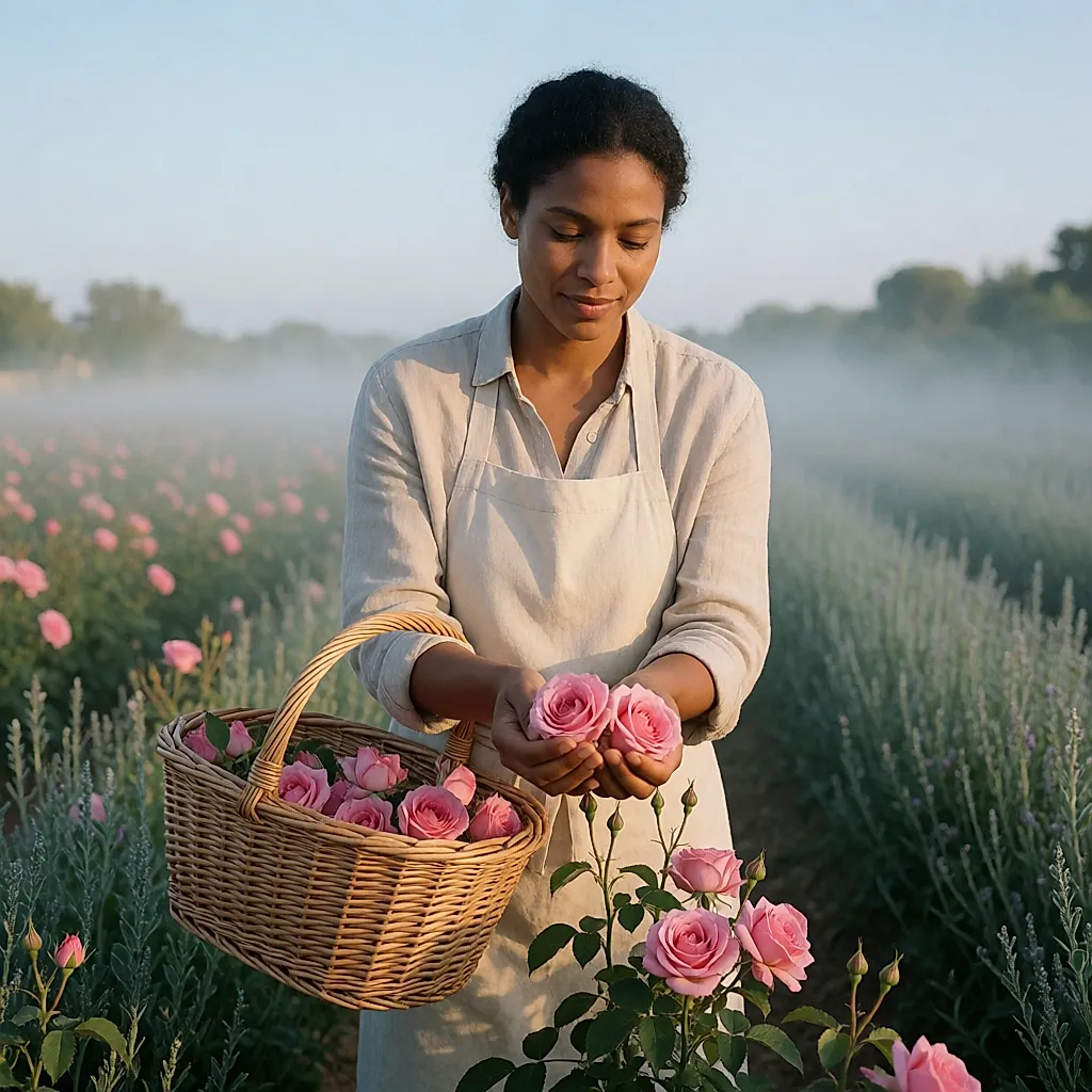 Cueillette de roses de mai dans les champs de Grasse à l'aube