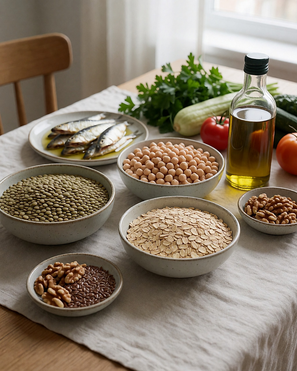 Lentilles, pois chiches, flocons d'avoine, noix, sardines et huile d'olive disposés sur un linge clair