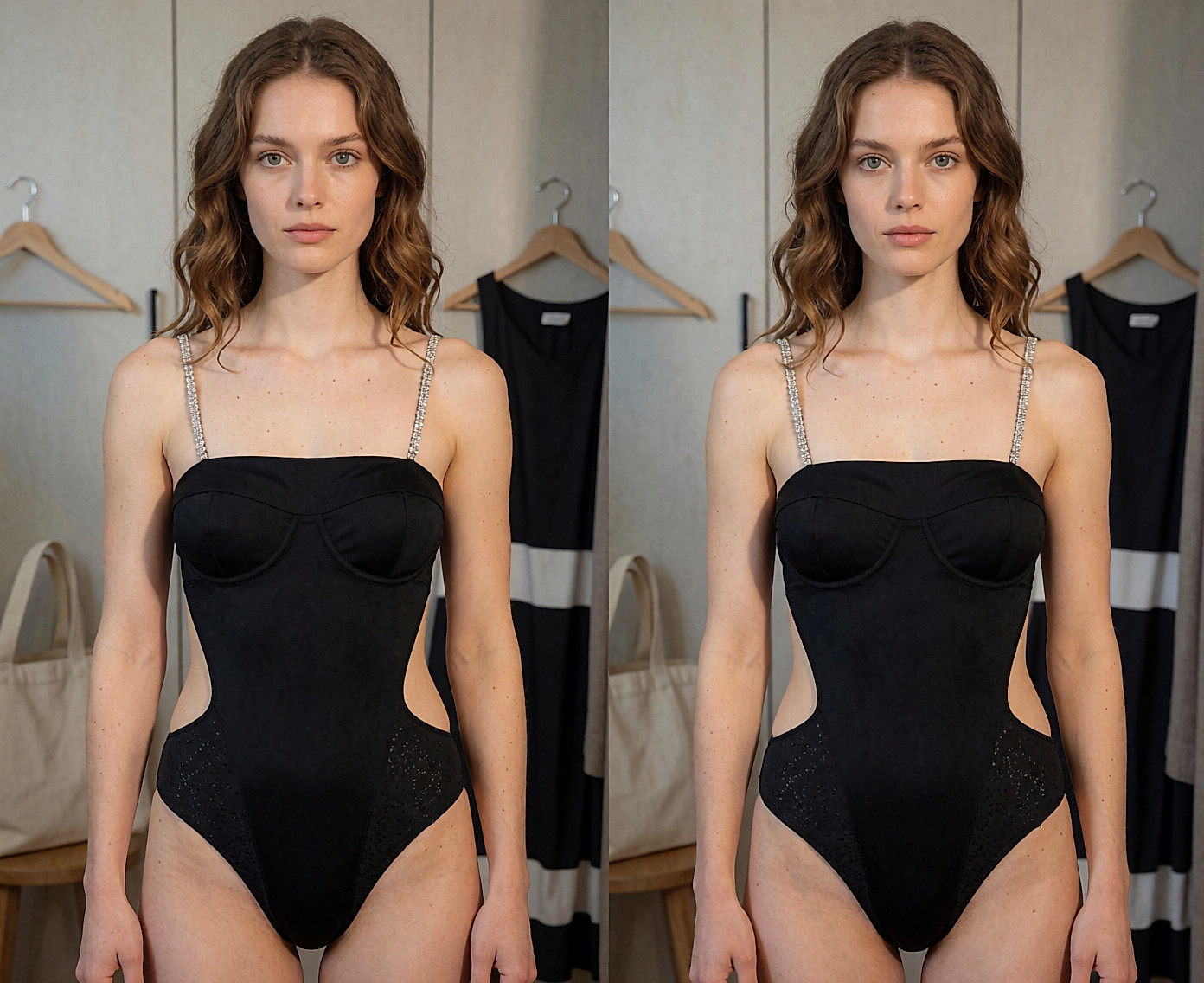 Femme en cabine, bras levés devant le miroir, maillot une pièce noir bustier à détails scintillants